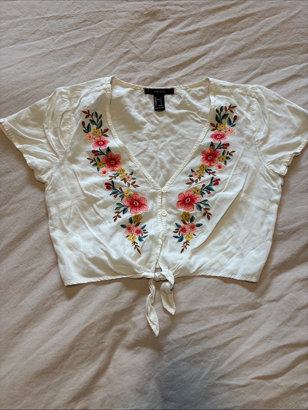 Forever 21 White Tie-Front Crop Top with Pink & Green Floral Embroidery